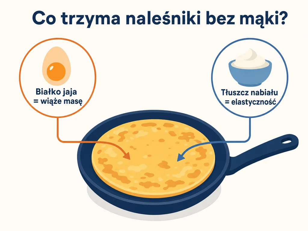 Diagram wyjaśniający, jak białko jaja i tłuszcz nabiału wiążą naleśniki bez mąki