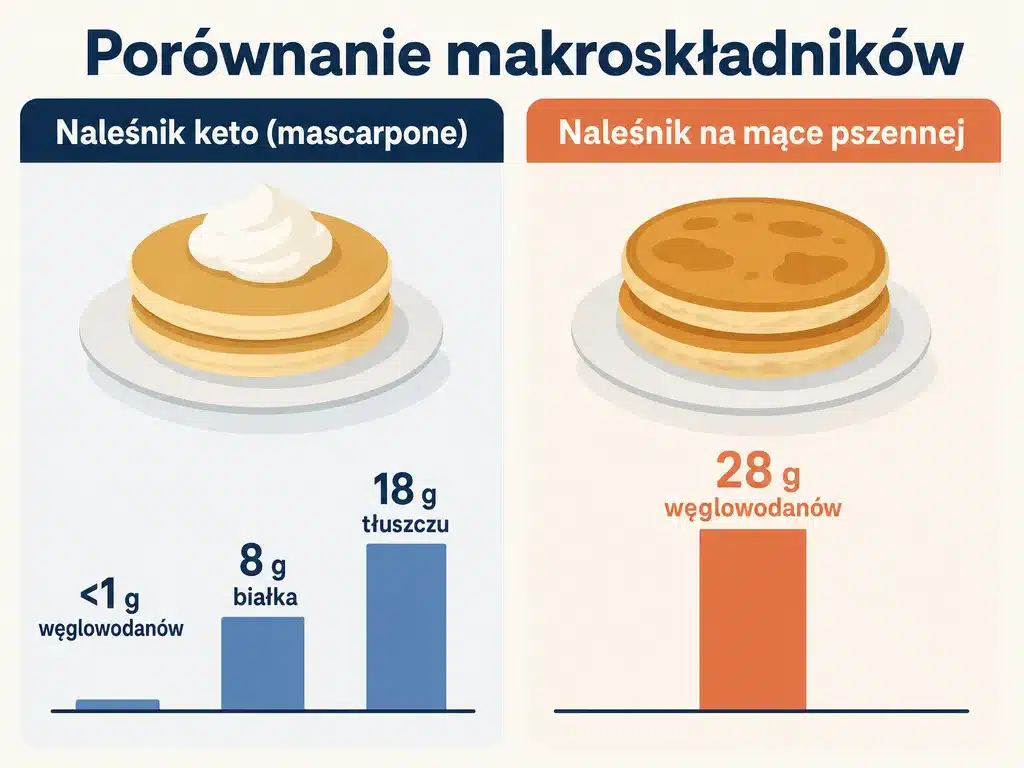 Infografika porównująca makroskładniki naleśnika keto na mascarpone i naleśnika na mące pszennej