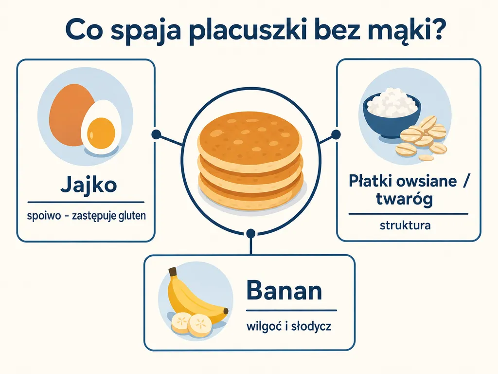 Infografika pokazująca trzy składniki spajające placuszki bez mąki: jajko, płatki owsiane lub twaróg oraz banan