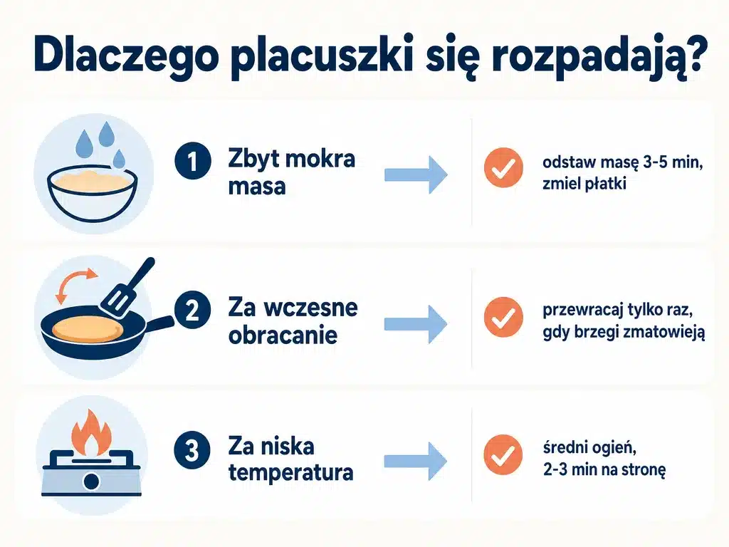Infografika z trzema przyczynami rozpadania się placuszków bez mąki i sposobami ich rozwiązania