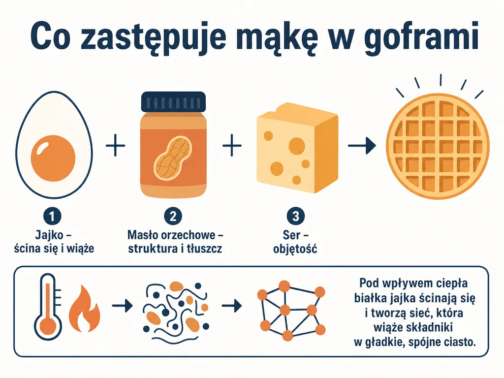 Diagram pokazujący jak jajko, masło orzechowe i ser zastępują mąkę w goframi