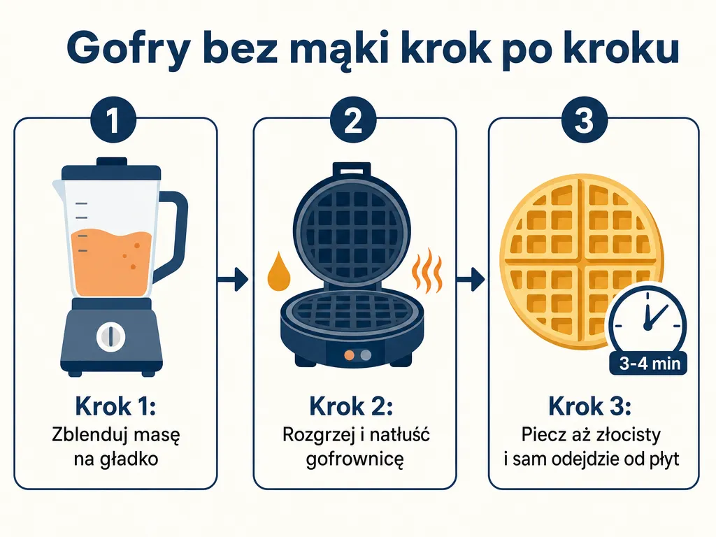 Infografika przedstawiająca trzy kroki przygotowania gofrów bez mąki: blendowanie, rozgrzanie gofrownicy i pieczenie