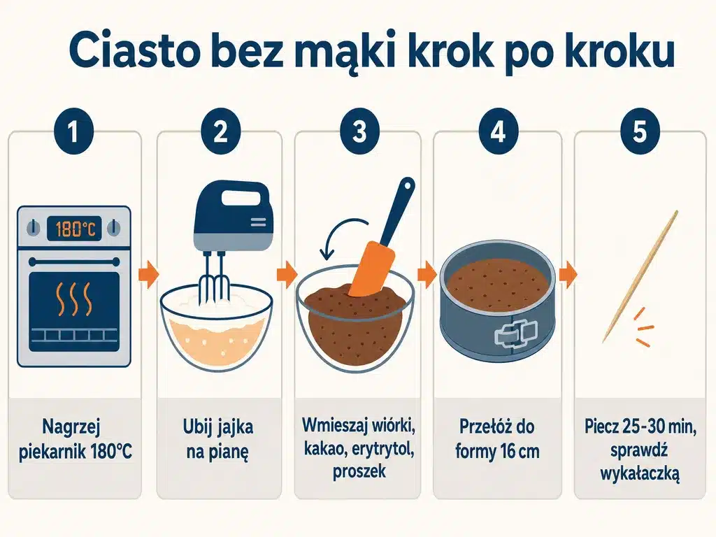 Diagram procesu pieczenia ciasta bez mąki w pięciu krokach