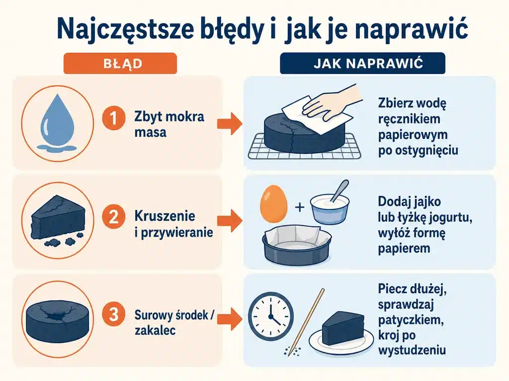 Infografika z najczęstszymi błędami przy cieście bez mąki i sposobami ich naprawy