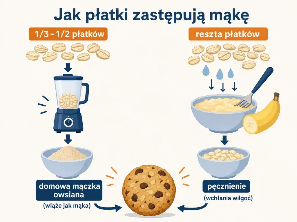 Diagram pokazujący, jak część płatków owsianych mielona na mączkę i reszta pęczniejąca w bananie zastępują mąkę