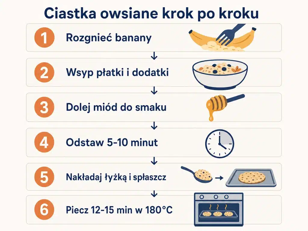 Infografika z sześcioma krokami przygotowania ciastek owsianych bez mąki od rozgniecenia bananów po pieczenie
