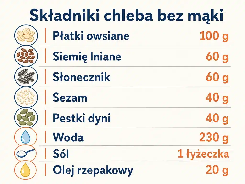 Infografika ze składnikami czystoziarnistego chleba bez mąki wraz z gramaturą