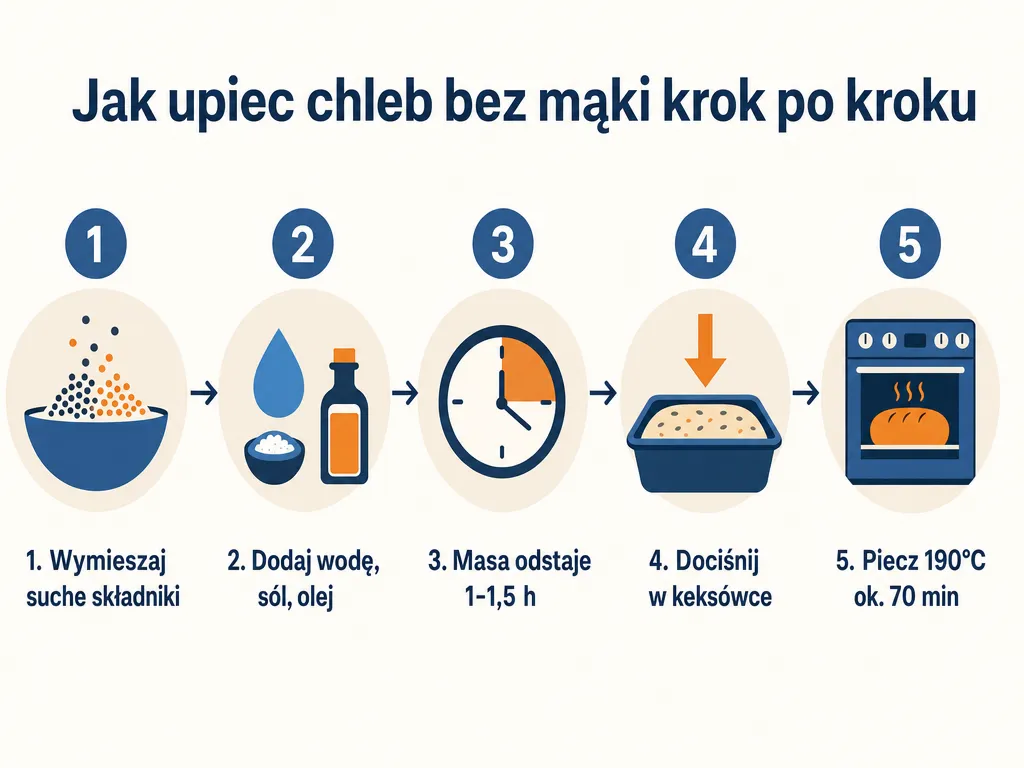 Diagram pięciu kroków przygotowania chleba bez mąki i bez drożdży