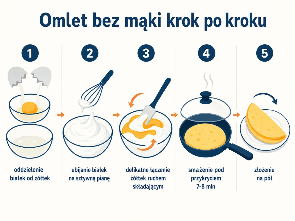 Diagram krok po kroku przygotowania puszystego omleta bez mąki