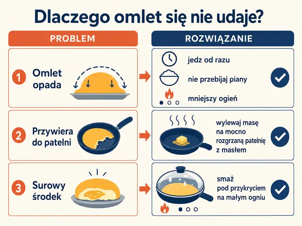 Infografika z najczęstszymi błędami przy smażeniu omleta bez mąki i sposobami na ich uniknięcie
