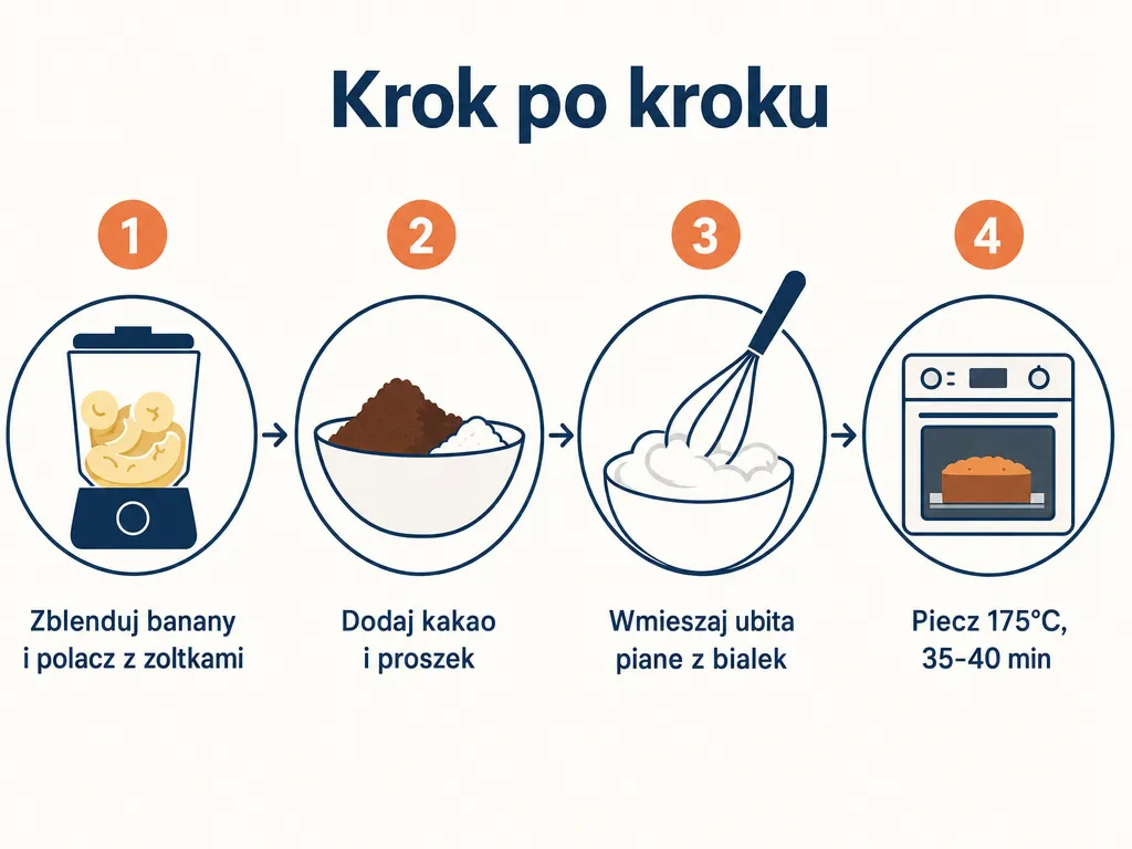 Diagram czterech kroków przygotowania ciasta bananowego bez mąki