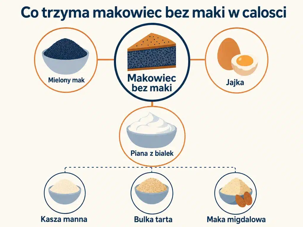 Infografika pokazująca, co trzyma makowiec bez mąki w całości: mielony mak, jajka i piana z białek