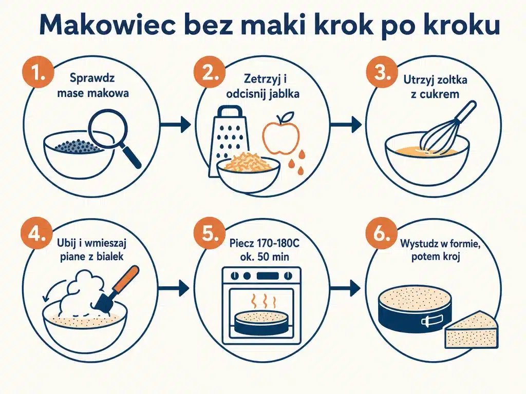 Diagram sześciu kroków przygotowania makowca bez mąki krok po kroku