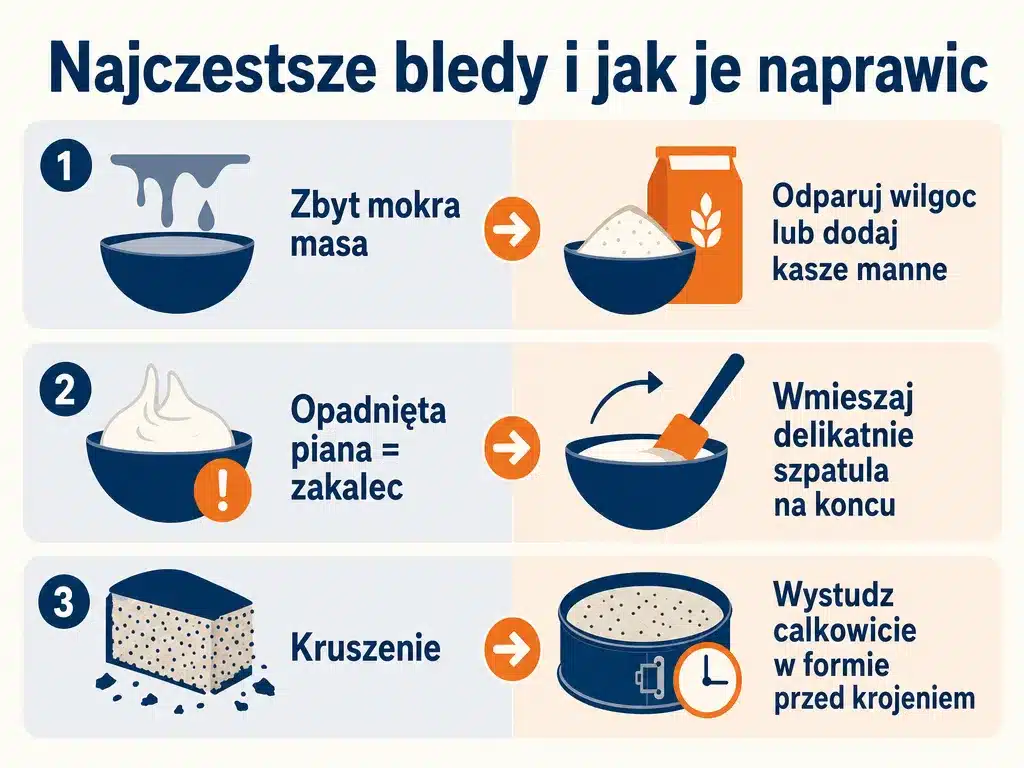 Infografika trzech najczęstszych błędów przy makowcu bez mąki i sposobów ich naprawy