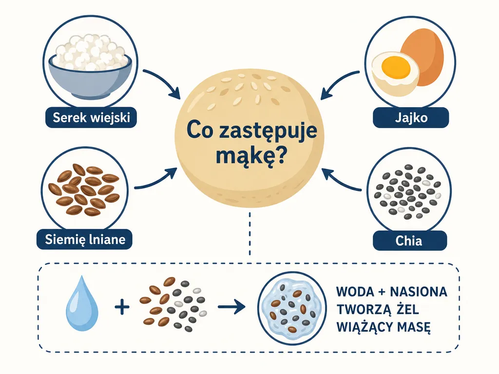 Diagram pokazujący jak serek, jajko, siemię i chia zastępują mąkę i wiążą masę na bułki