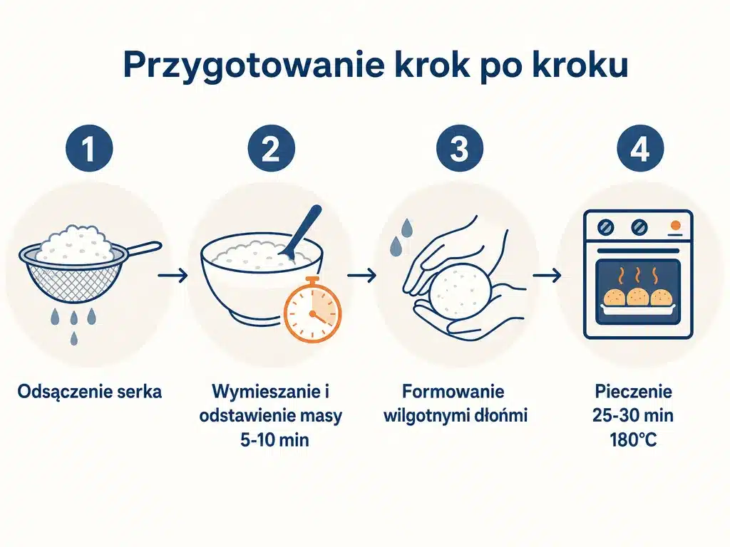 Infografika czterech kroków przygotowania bułek z serka: odsączenie, mieszanie, formowanie, pieczenie