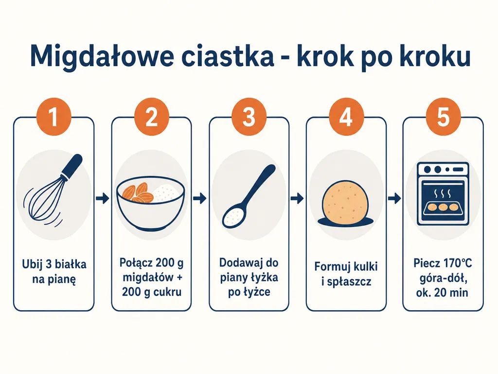 Diagram pięciu kroków pieczenia migdałowych ciastek bez mąki: ubicie białek, połączenie migdałów z cukrem, formowanie i pieczenie