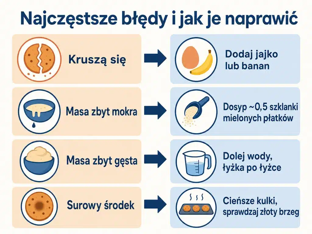 Infografika najczęstszych błędów przy ciastkach bez mąki i sposobów ich naprawy: kruszenie, mokra masa, gęsta masa i surowy środek
