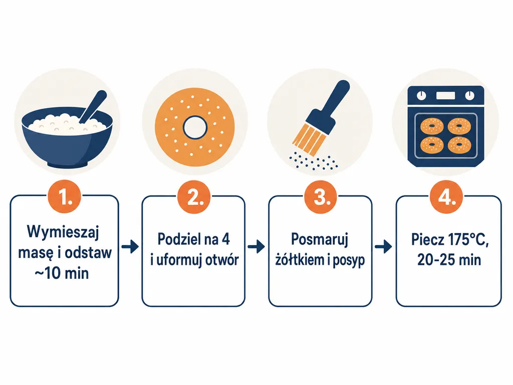 Diagram czterech kroków przygotowania bajgli z twarogu bez mąki: mieszanie masy, formowanie, dekoracja, pieczenie