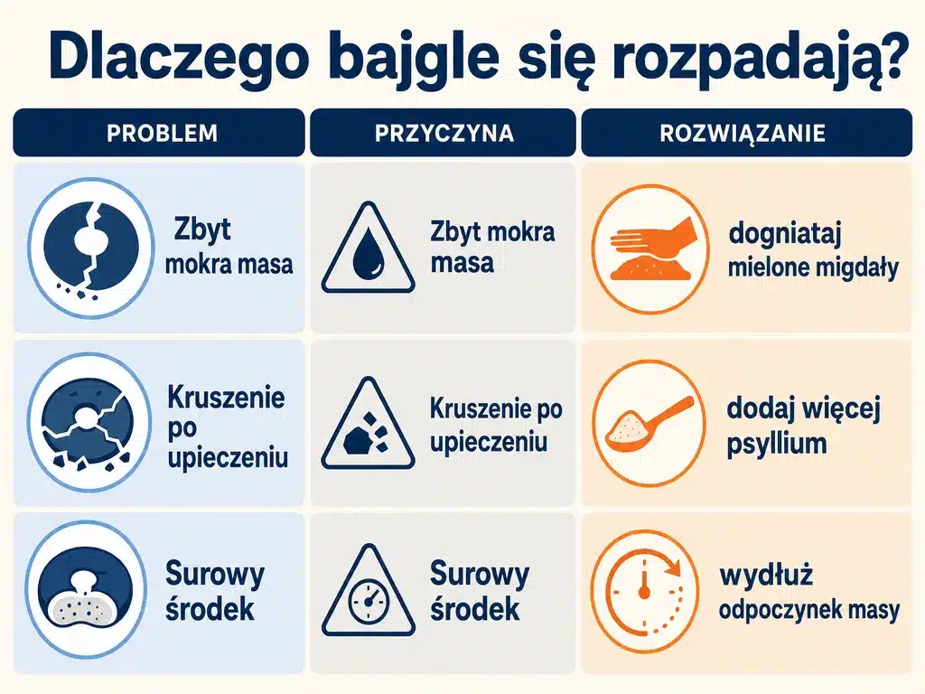 Infografika z trzema najczęstszymi błędami przy bajglach z twarogu i sposobami ich naprawy