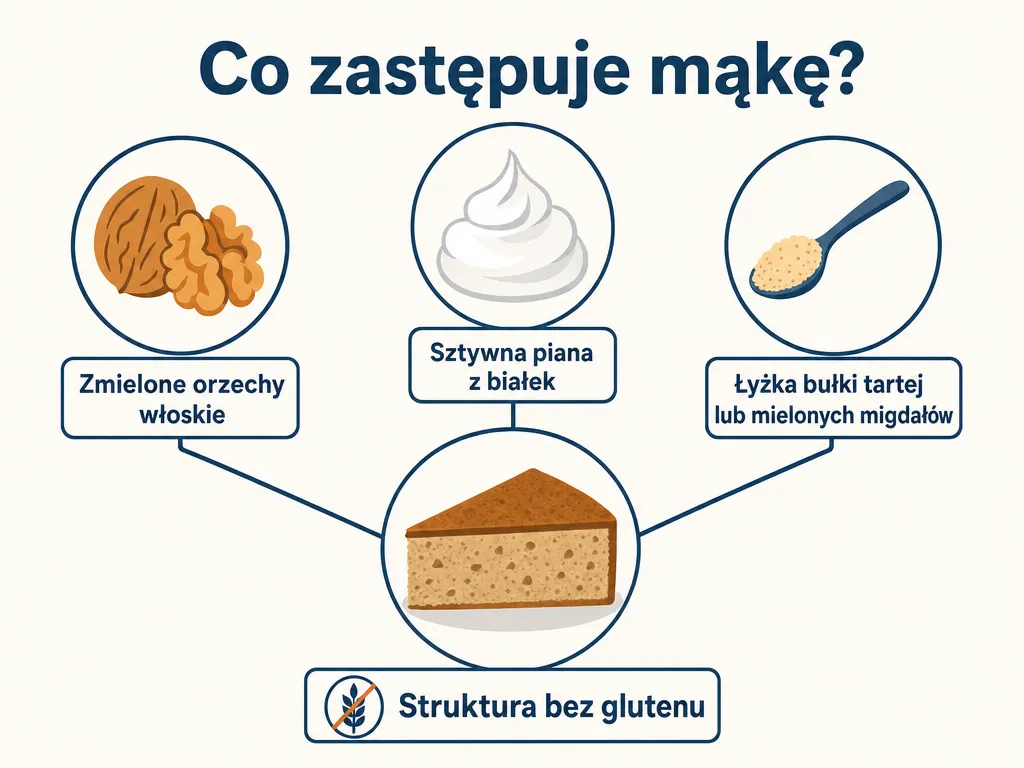 Infografika pokazująca, co zastępuje mąkę w torcie orzechowym: zmielone orzechy włoskie, piana z białek i bułka tarta lub migdały
