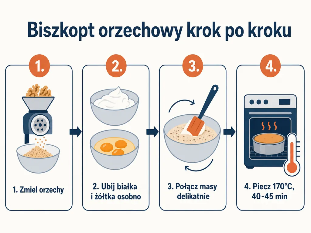 Diagram czterech kroków pieczenia biszkoptu orzechowego bez mąki: mielenie orzechów, ubijanie, łączenie mas, pieczenie w 170°C