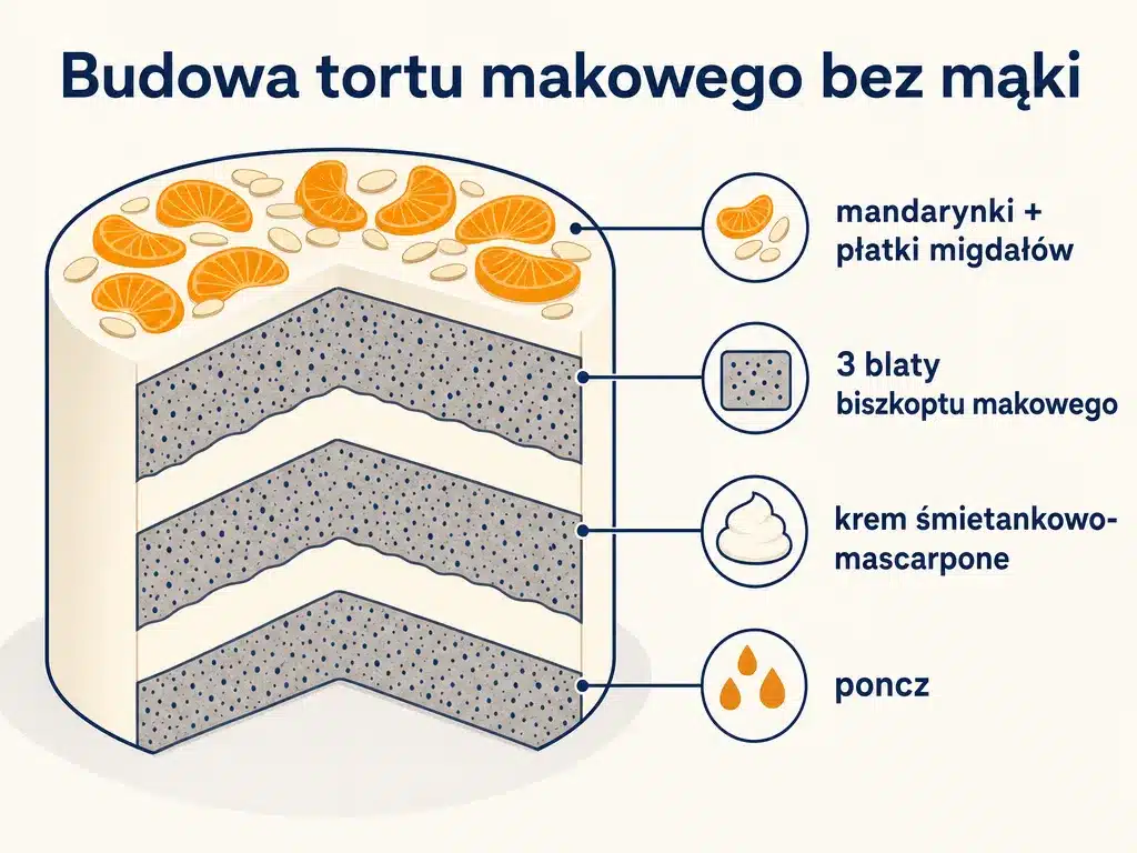 Diagram przekroju tortu makowego bez mąki z 3 blatami, kremem, ponczem i dekoracją