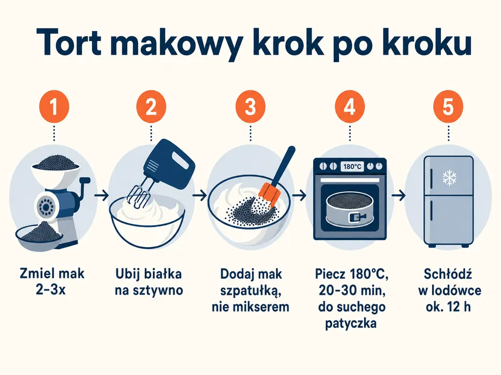 Infografika przedstawiająca 5 kroków przygotowania tortu makowego bez mąki