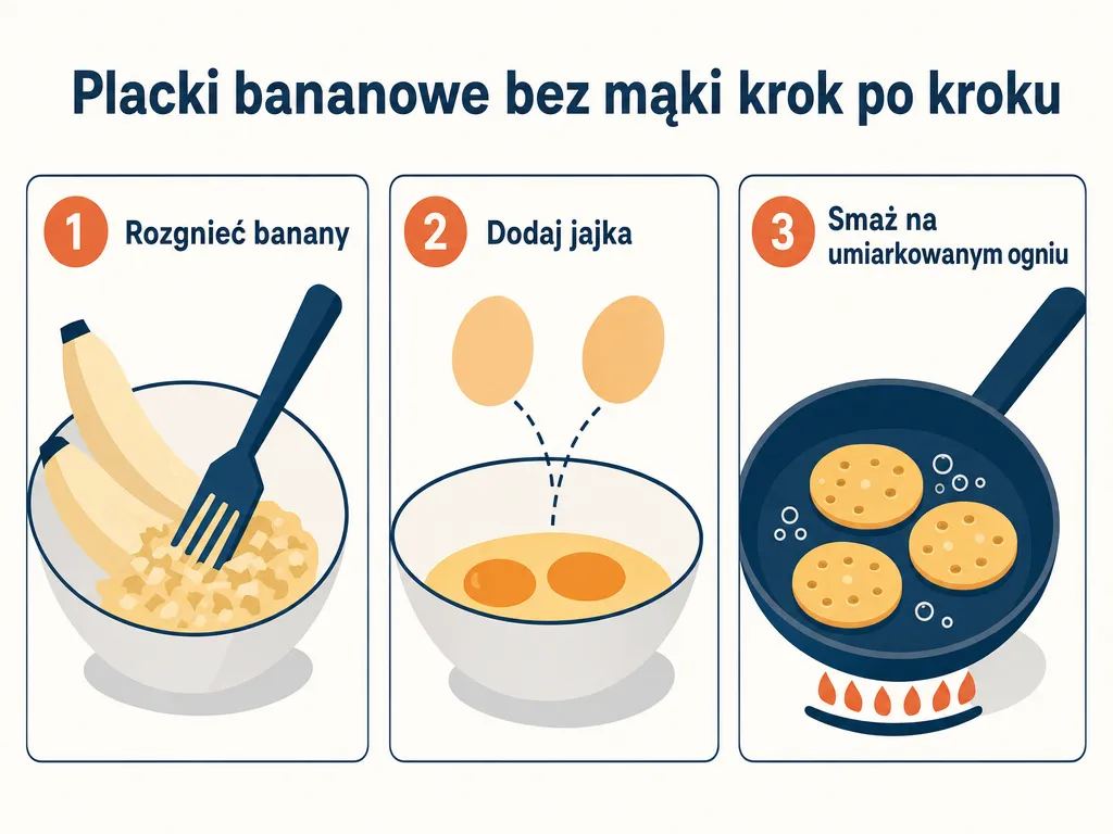 Infografika pokazująca trzy kroki przygotowania placków bananowych bez mąki: rozgniatanie bananów, dodanie jajek i smażenie