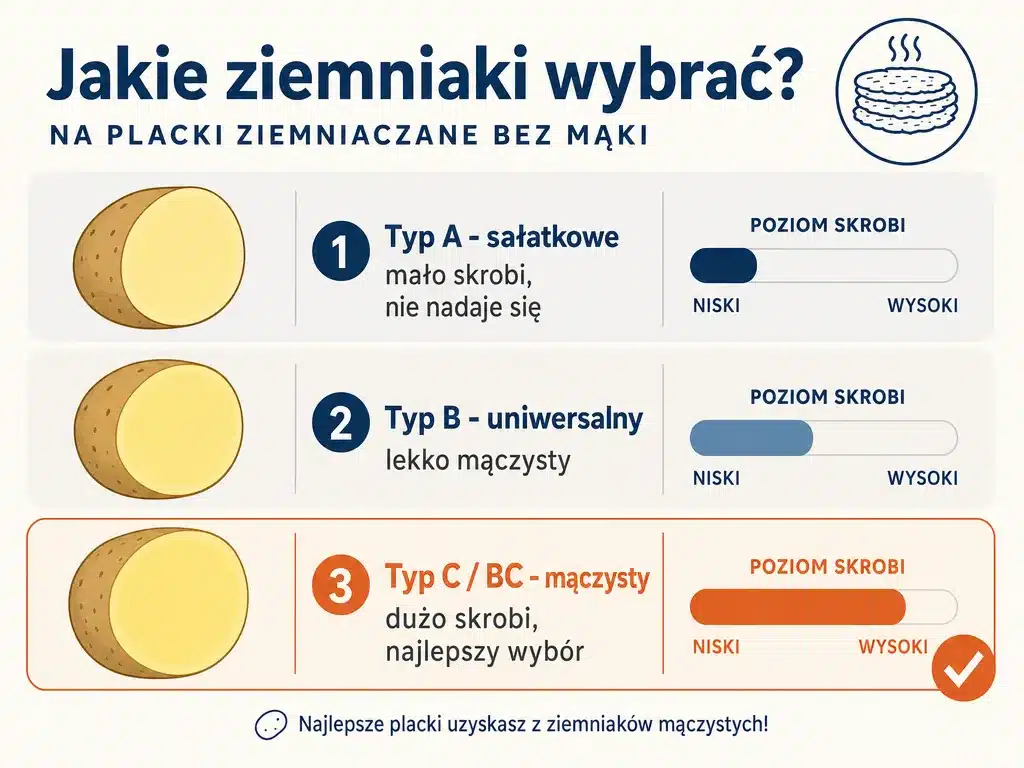 Infografika porównująca typy ziemniaków A, B i C pod kątem zawartości skrobi do placków bez mąki