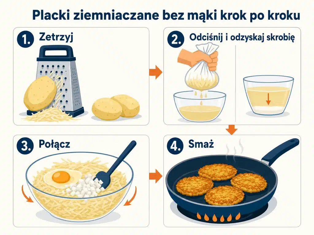 Diagram czterech kroków przygotowania placków ziemniaczanych bez mąki: tarcie, odciśnięcie i odzyskanie skrobi, łączenie składników, smażenie