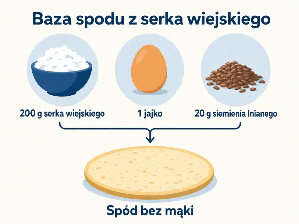 Infografika przedstawiająca trzy składniki spodu pizzy z serka wiejskiego bez mąki: serek, jajko i siemię lniane