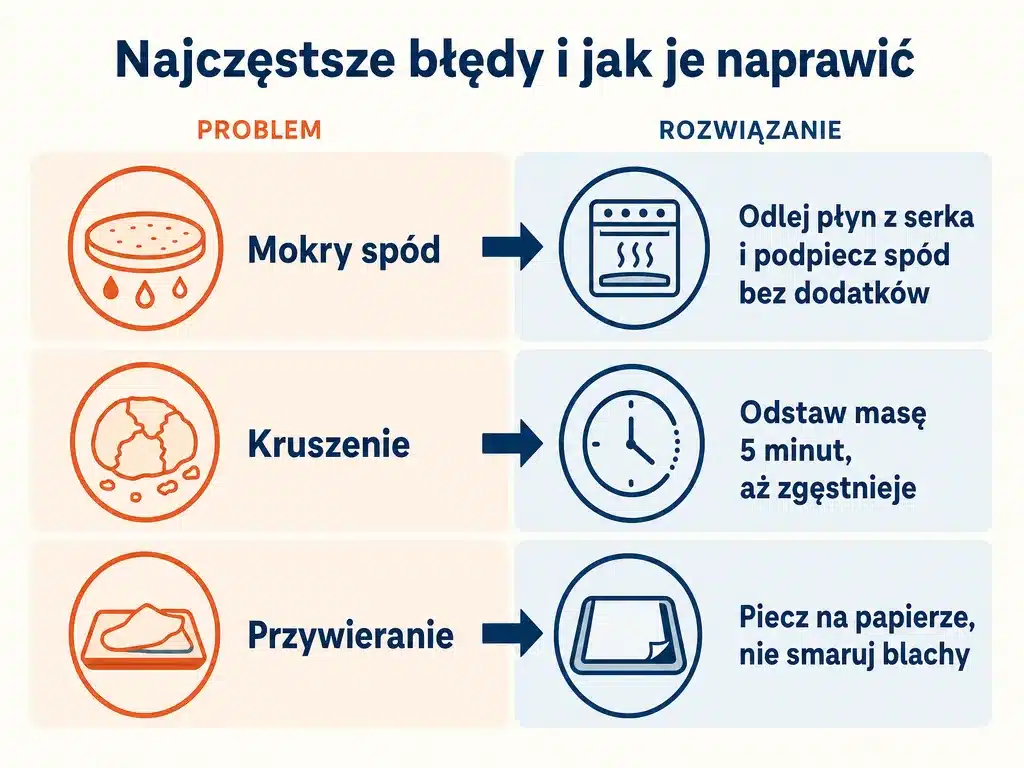 Diagram trzech najczęstszych błędów przy pizzy z serka wiejskiego i sposobów ich naprawy
