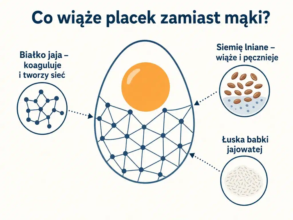 Diagram wyjaśniający, co wiąże tortillę bez mąki: białko jaja, siemię lniane i łuska babki jajowatej