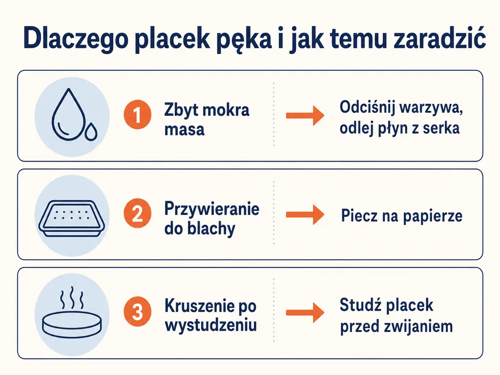 Infografika z trzema przyczynami pękania tortilli bez mąki i sposobami, jak temu zapobiec