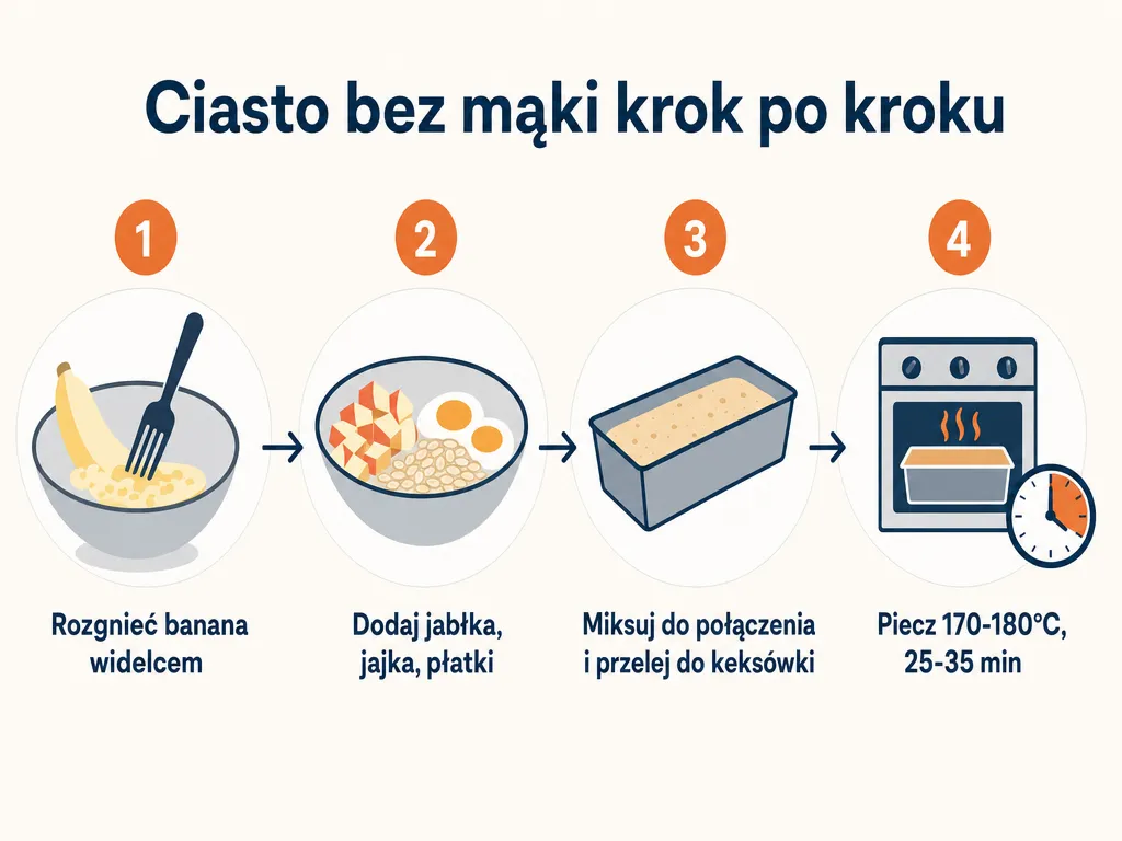 Diagram procesu przygotowania ciasta bez mąki metodą jednonaczyniową w czterech krokach