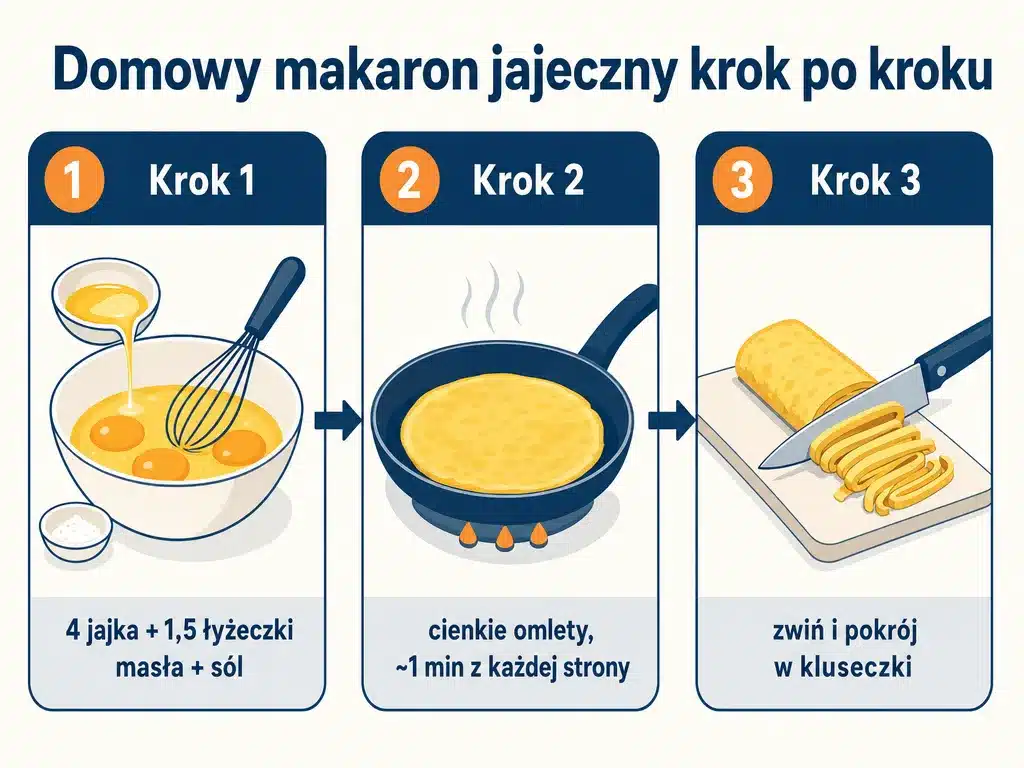 Diagram krok po kroku jak zrobić domowy makaron jajeczny bez mąki w trzech etapach