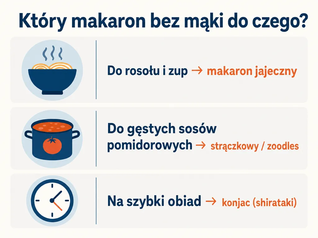 Infografika dobierająca rodzaj makaronu bez mąki do dania: rosół, sos, szybki obiad