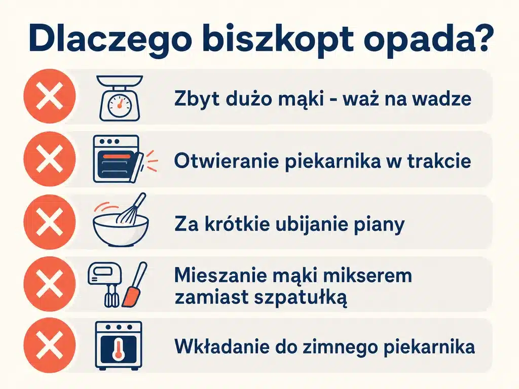 Infografika z listą najczęstszych błędów powodujących opadanie biszkoptu