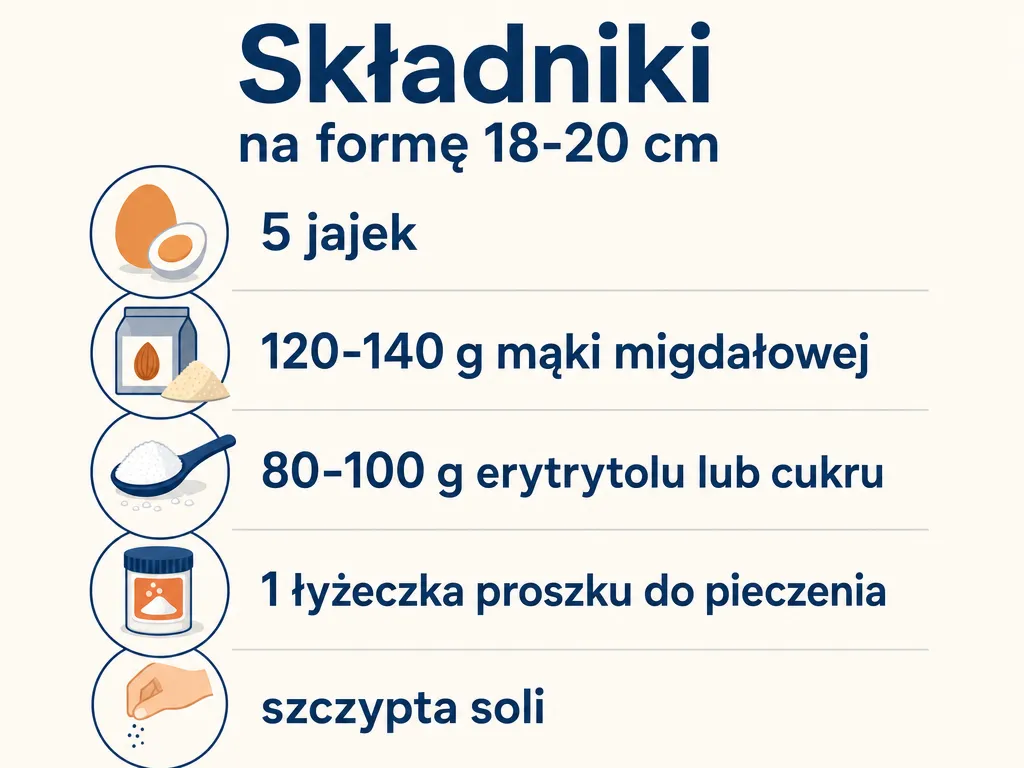 Infografika ze składnikami na biszkopt migdałowy bez mąki na formę 18-20 cm