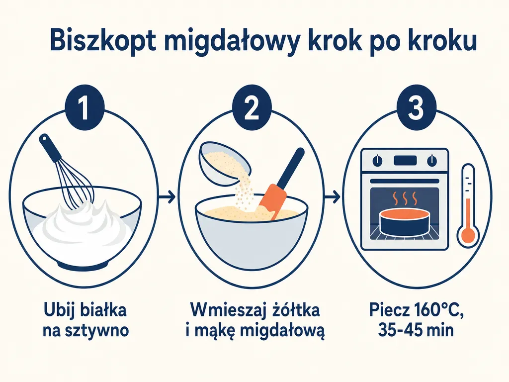 Diagram trzech etapów przygotowania biszkoptu migdałowego: ubijanie białek, łączenie składników, pieczenie