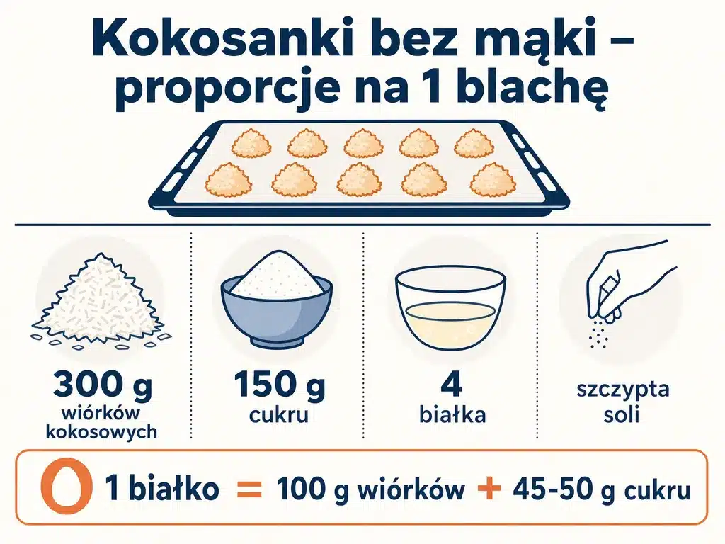 Infografika z proporcjami składników na kokosanki bez mąki na jedną blachę