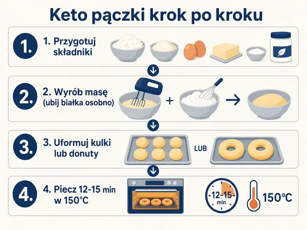 Diagram czterech kroków przygotowania keto pączków serowych od składników do pieczenia