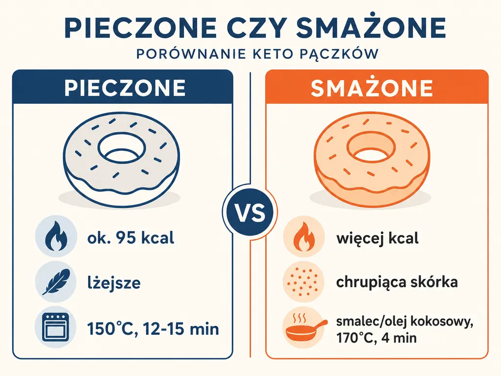 Infografika porównująca pieczone i smażone keto pączki pod względem kalorii i tekstury