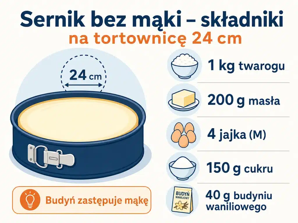 Infografika ze składnikami na sernik bez mąki na tortownicę 24 cm