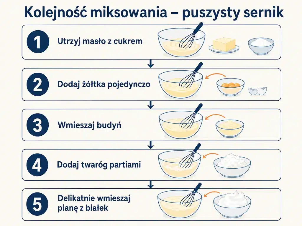 Diagram kolejności miksowania składników na puszysty sernik bez mąki