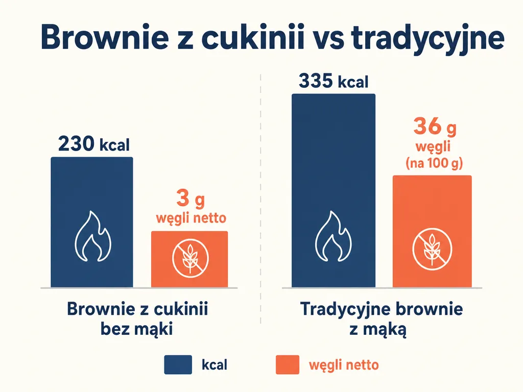 Infografika porównująca kaloryczność i węglowodany brownie z cukinii bez mąki z tradycyjnym brownie