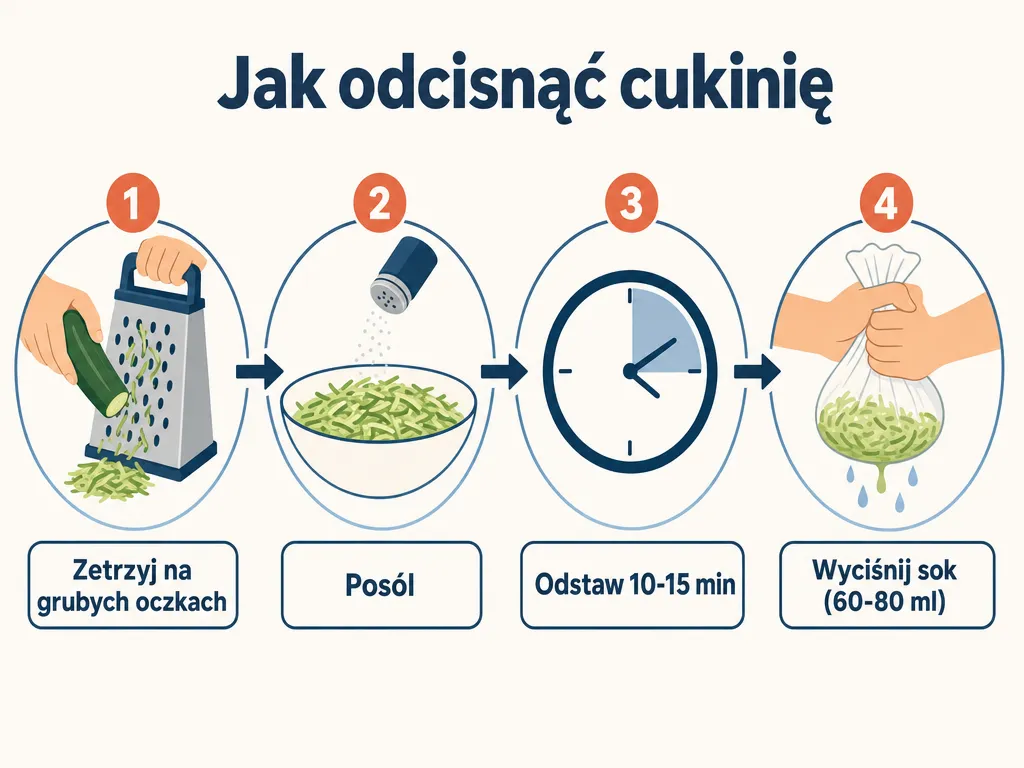 Diagram czterech kroków odciskania startej cukinii, aby ciasto bez mąki nie było zakalcowate