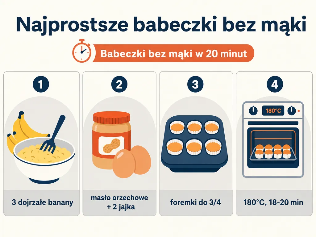 Infografika przedstawiająca 4 kroki przygotowania babeczek bez mąki: banany, masło orzechowe z jajkami, napełnianie foremek, pieczenie w 180°C
