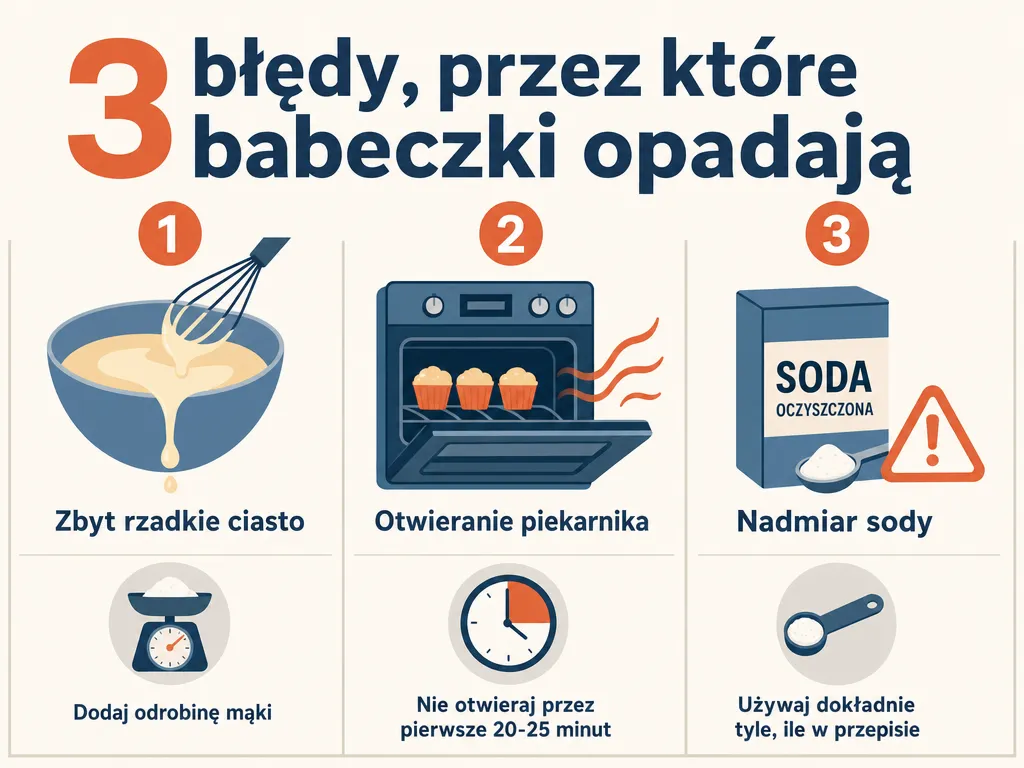 Infografika przedstawiająca trzy najczęstsze błędy powodujące opadanie babeczek bez mąki: zbyt rzadkie ciasto, otwieranie piekarnika i nadmiar sody
